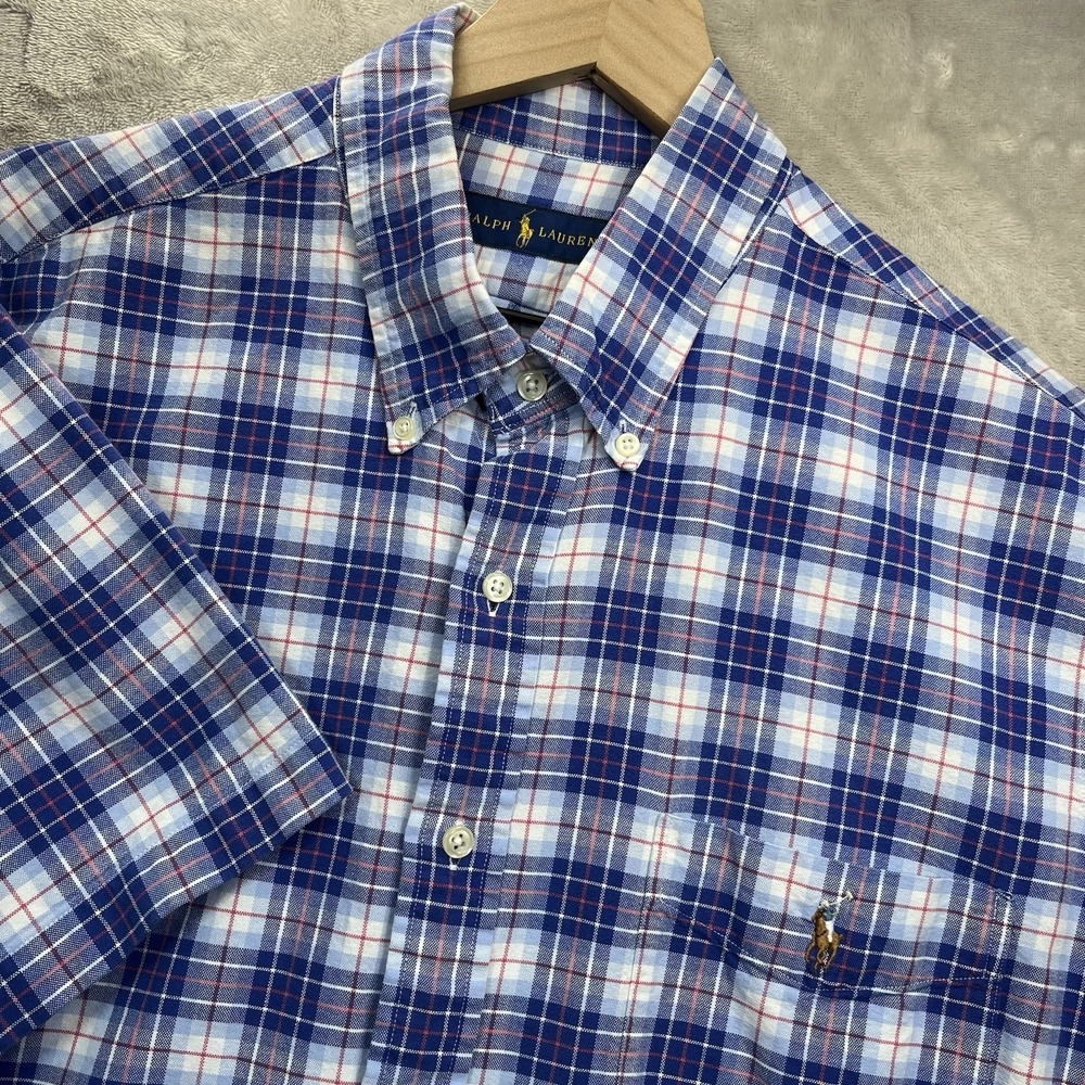 Ralph‎ Lauren Shirt Men's XXL Short Sleeve Red And Blue Plaid Button Down